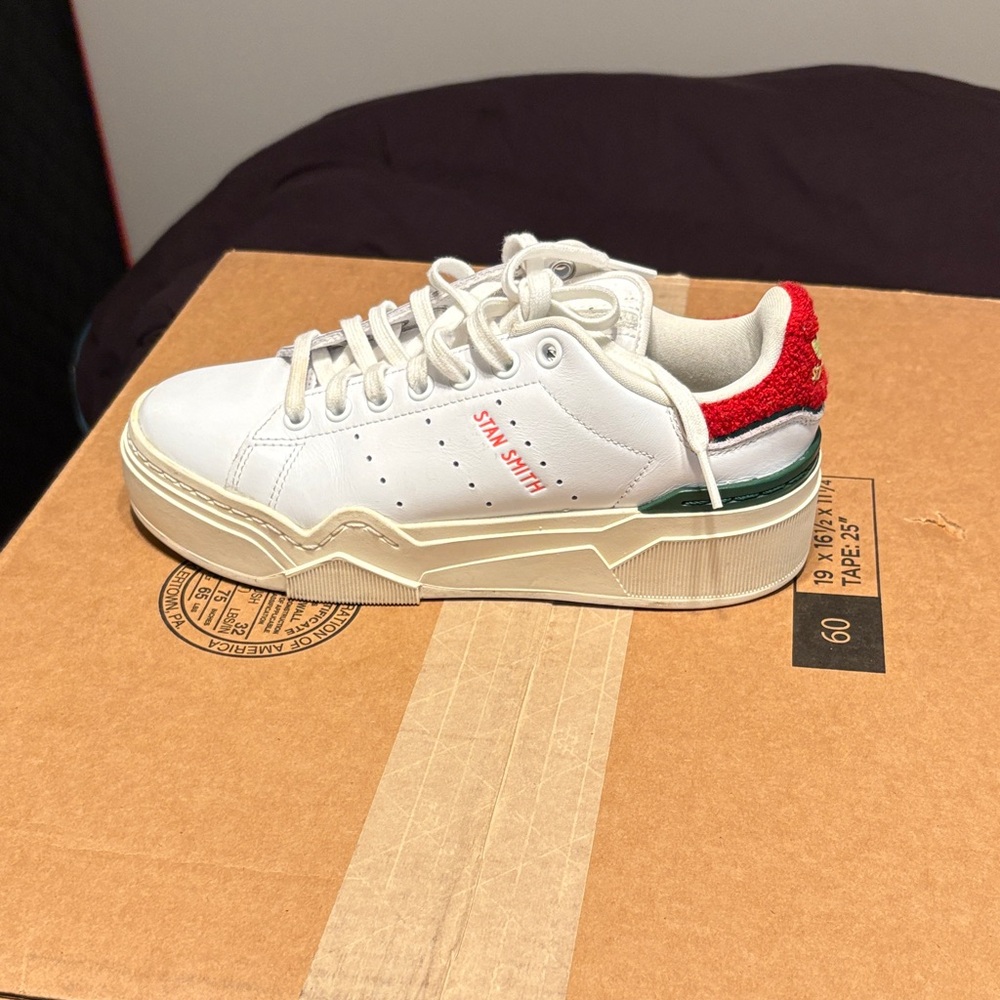 adidas White Leather Low-Top Sneakers with Red Heel and Green Accent